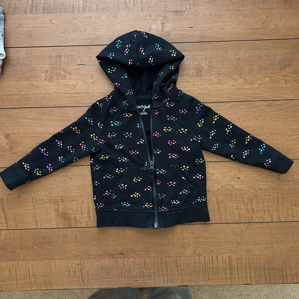 2T Black Zip up Hoodie with Colorful Heart Pattern